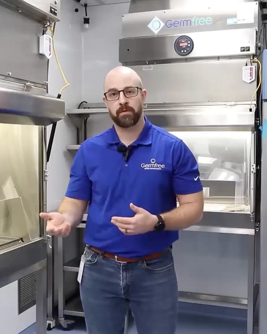 A presenter demonstrating aseptic processing equipment on camera during a Virtual Pharma Expo session